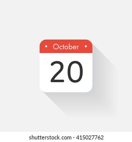 Calendar Icon with long shadow. Flat style. Date,day and month. Reminder. Vector illustration. Organizer application, app symbol. Ui. User interface sign.  October. 20