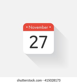 Calendar Icon with long shadow. Flat style. Date,day and month. Reminder. Vector illustration. Organizer application, app symbol. Ui. User interface sign. November. 27