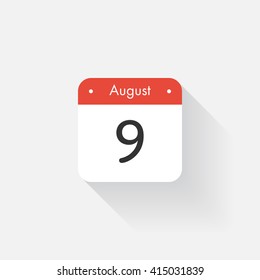 Calendar Icon with long shadow. Flat style. Date,day and month. Reminder. Vector illustration. Organizer application, app symbol. Ui. User interface sign. August. 9