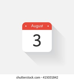 Calendar Icon with long shadow. Flat style. Date,day and month. Reminder. Vector illustration. Organizer application, app symbol. Ui. User interface sign. August. 3