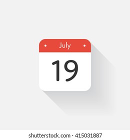 Calendar Icon with long shadow. Flat style. Date,day and month. Reminder. Vector illustration. Organizer application, app symbol. Ui. User interface sign. July. 19