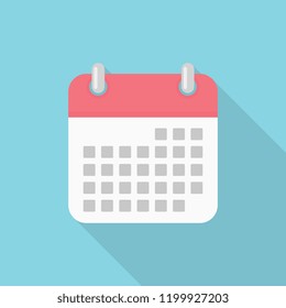 Calendar icon with long shadow on blue background, flat design style