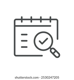 Icono de calendario con lupa y marca de verificación para verificación de tareas, revisión de eventos de búsqueda de datos y seguimiento de programaciones. Vector de línea editable.