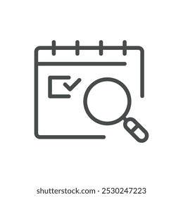Calendar Icon with Magnifying Glass for Task Search, Event Tracking, and Schedule Overview. Editable Line Vector Illustration.