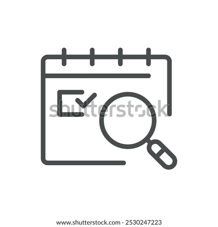 Calendar Icon with Magnifying Glass for Task Search, Event Tracking, and Schedule Overview. Editable Line Vector Illustration.