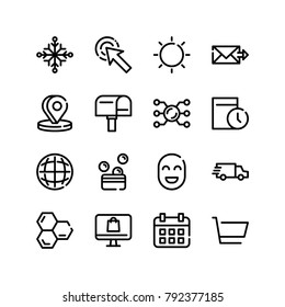 Calendar icon with mail, snowflake and world editable symbols. Set of pointer, date, inbox icons and happy facial concept. Editable vector elements for logo app UI design.