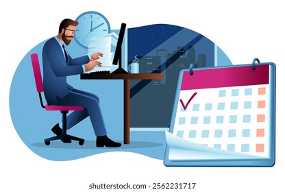 Calendar icon and a man working late at night on computer, the window reveals a cityscape at midnight. Dedication, late hours, hard work, deadlines, and time management