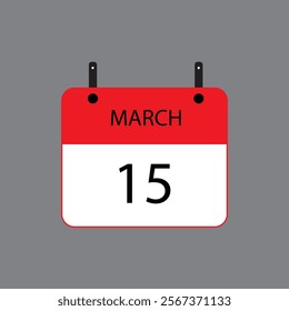 Calendar icon with March 15 date on grey background. Vector schedule symbol.