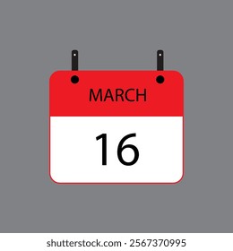 Calendar icon with March 16 date on grey background. Vector schedule symbol.