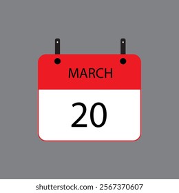 Calendar icon with March 20 date on grey background. Vector schedule symbol.