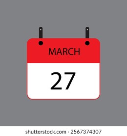 Calendar icon with March 27 date on grey background. Vector schedule symbol.