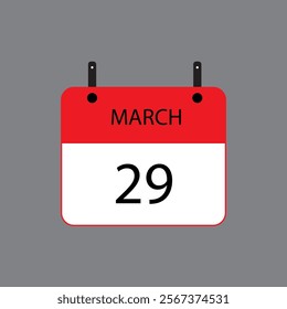 Calendar icon with March 29 date on grey background. Vector schedule symbol.