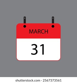 Calendar icon with March 31 date on grey background. Vector schedule symbol.