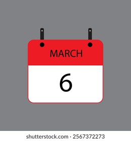 Calendar icon with March 6 date on grey background. Vector schedule symbol.