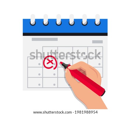 Calendar icon. Mark the date. Schedule icon. Agenda symbol for your web site of app. Arm marks date in Calendar. Time management. Deadline, schedule, important dates. Flat design, vector illustration