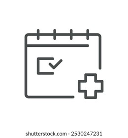 Calendar Icon with Medical Cross for Appointment Scheduling, Health Check Reminders, and Medical Task Planning. Editable Line Vector Design.