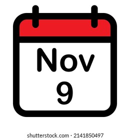 Calendar icon with ninth November, vector illustration