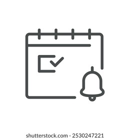 Calendar Icon with Notification Bell for Event Reminders, Task Scheduling, and Alert Management. Editable Line Vector Calendar Symbol.