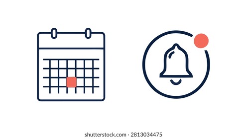 Calendar Icon And Notification Bell Icon Flat Line Style Pictograms schedule datebook planner