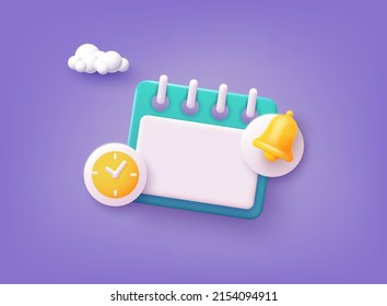 Calendar icon with notifications icons. Business planning ,events, reminder and timetable. 3D Web Vector Illustrations. svg