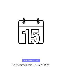 Calendar icon with number 15 or 15th day of the month in calendar vector stock illustration design template. Editable stroke. Vector EPS 10.