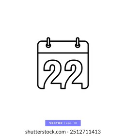 Calendar icon with number 22 or 22nd day of the month in calendar vector stock illustration design template. Editable stroke. Vector EPS 10.