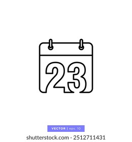 Calendar icon with number 23 or 23th day of the month in calendar vector stock illustration design template. Editable stroke. Vector EPS 10.