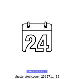 Calendar icon with number 24 or 24th day of the month in calendar vector stock illustration design template. Editable stroke. Vector EPS 10.