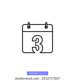 Calendar icon with number 3 or 3rd day of the month in calendar vector stock illustration design template. Editable stroke. Vector EPS 10.