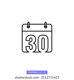 Calendar icon with number 30 or 30th day of the month in calendar vector stock illustration design template. Editable stroke. Vector EPS 10.