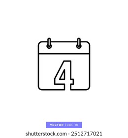 Calendar icon with number 4 or 4th day of the month in calendar vector stock illustration design template. Editable stroke. Vector EPS 10.