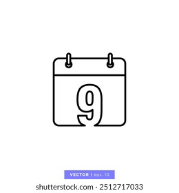 Icono de calendario con el número 9 o el noveno día del mes en la Plantilla de diseño de ilustración de Vector de calendario. Trazo editable. Vector 10.