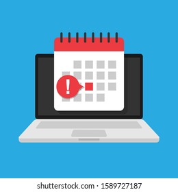 
Calendar icon on laptop screen. Extreme lines exclamation mark. Event reminder symbol. Notification sign, important day. Flat vector illustration in cartoon style. EPS 10.