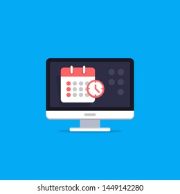 Calendar icon on screen computer. Schedule, appointment, important date concept. Vector illustration in flat style.