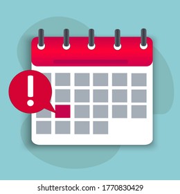 Calendar icon on a turquoise background. Reminder of an important event. Calendar with tear-off sheets. The day is marked in red. Notification with an exclamation mark, so as not to forget. Vector