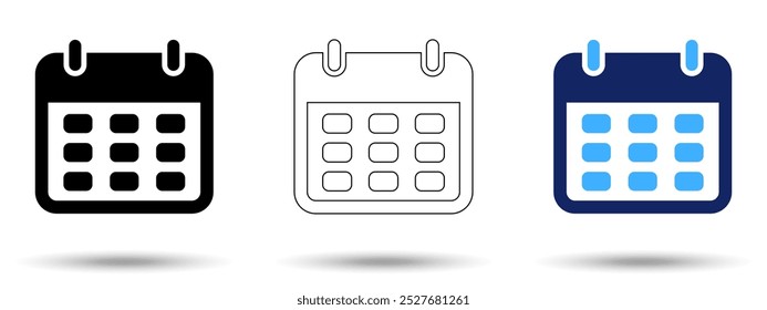 Ícone Calendário. Ícone de calendário em um plano de fundo branco, isolado. O ícone tem três usos em aplicativos e sites. Ilustração vetorial. Ícone de calendário em um fundo branco.