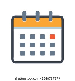 Calendar Icon with Orange Header and Red Date, Flat-style calendar icon featuring an orange header and a single red-highlighted date, perfect for scheduling and time management concepts.