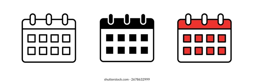Calendar icon in outline, solid, and color filled styles with black stroke. Monthly date planner design in flat style, isolated on white background.
