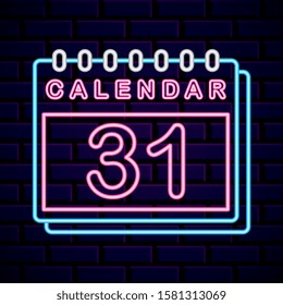 calendar icon over brick wall. neon icon. vector illustration