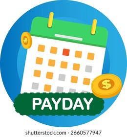 Kalendersymbol mit "PAYDAY"-Text, umgeben von Münzen, auf blauem Hintergrund.