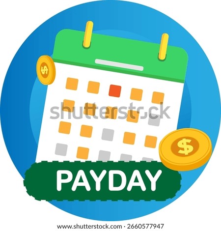 Calendar icon with "PAYDAY" text, surrounded by coins, on a blue background.