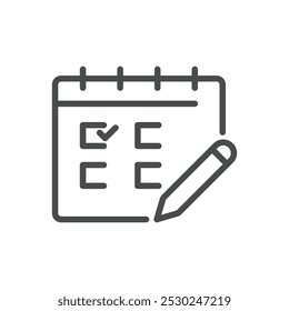 Kalendersymbol mit Bleistift für die Aufgabenbearbeitung, Ereignisplanung und tägliche Checklistenverwaltung. Bearbeitbares Linienvektordesign.