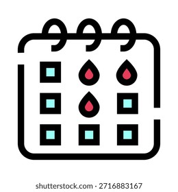 Icono de calendario para un App de seguimiento de períodos que muestra marcadores de gotas rojas para la menstruación y cuadrados celestes para otras fases cíclicas, que representan la salud reproductiva y la planificación de las mujeres