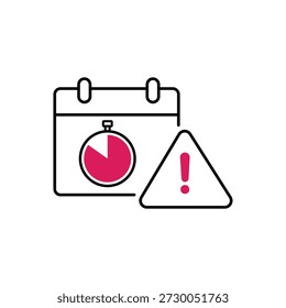 Un icono de calendario con un gráfico circular y un triángulo de advertencia con un signo de exclamación que indica una fecha límite o alerta sensible al tiempo