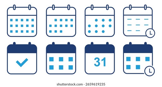 Kalendersymbol. Kalenderplaner-Symbolsammlung. Erinnern Sie sich an die Ereigniszeichen des Organisators. Geschäftsplan. Kalender mit Zeit, Häkchen, Datum, Uhrsymbol. Stock-Vektor. 