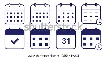 Calendar icon. Calendar planner icon collection. Reminder organizer event signs. Business plan schedule. Calendar with time, checkmark, date, clock icon. Stock vector. 