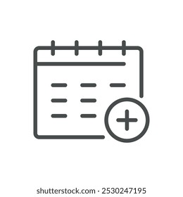 Calendar Icon with Plus Symbol for Adding Events, Task Scheduling, and New Appointment Planning. Editable Line Vector Calendar Design.