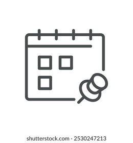 Calendar Icon with Push Pin for Task Reminder, Event Scheduling, and Daily Planning. Editable Line Vector Illustration.