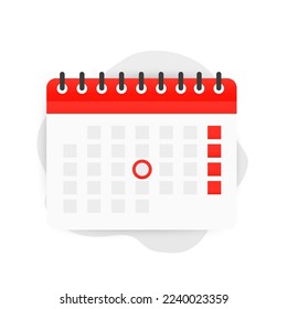 Calendar icon and red circle. Mark the date, holiday, important concepts of the day.Calendar schedule and planning. Design in flat style. Vector illustration