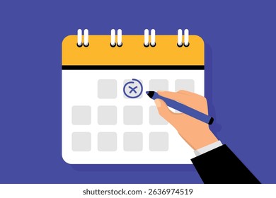 Calendar icon. Reminder in calendar. Hand with pen mark calendar. Mark the date, holiday, important day concepts. Alert for business planning ,events, reminder. Vector illustration